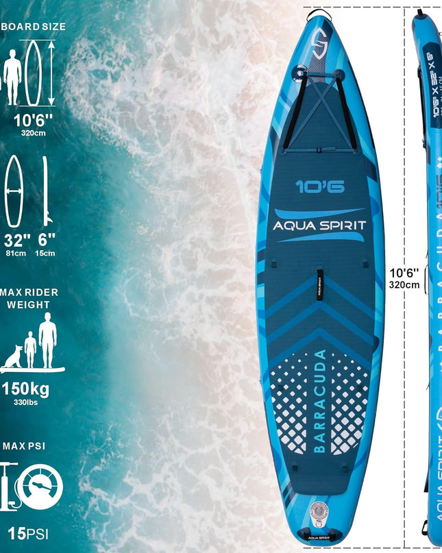  Aqua Spirit Barracuda Inflatable Stand-Up Paddle Board (SUP)/Kayak 10’6”