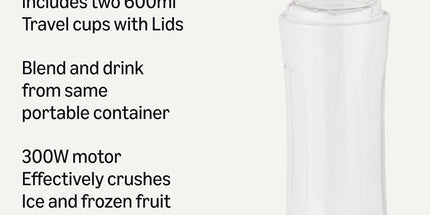 Portable Smoothie Blender with 2 Travel Cups, 600Ml, 300W, Black
