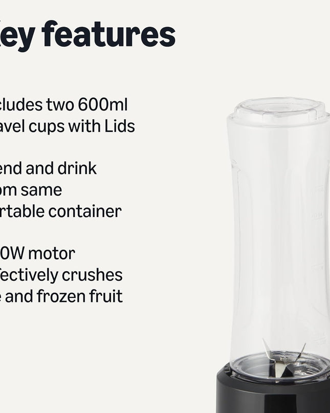 Portable Smoothie Blender with 2 Travel Cups, 600Ml, 300W, Black