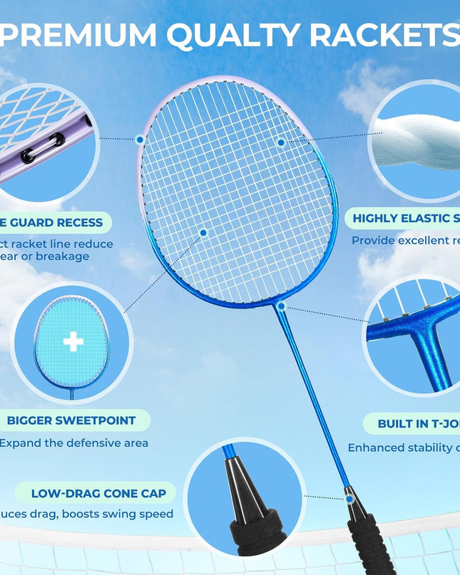 HIRALIY Badminton Rackets Set of 4 – Complete Outdoor Family Game Kit