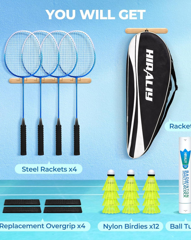 HIRALIY Badminton Rackets Set of 4 – Complete Outdoor Family Game Kit