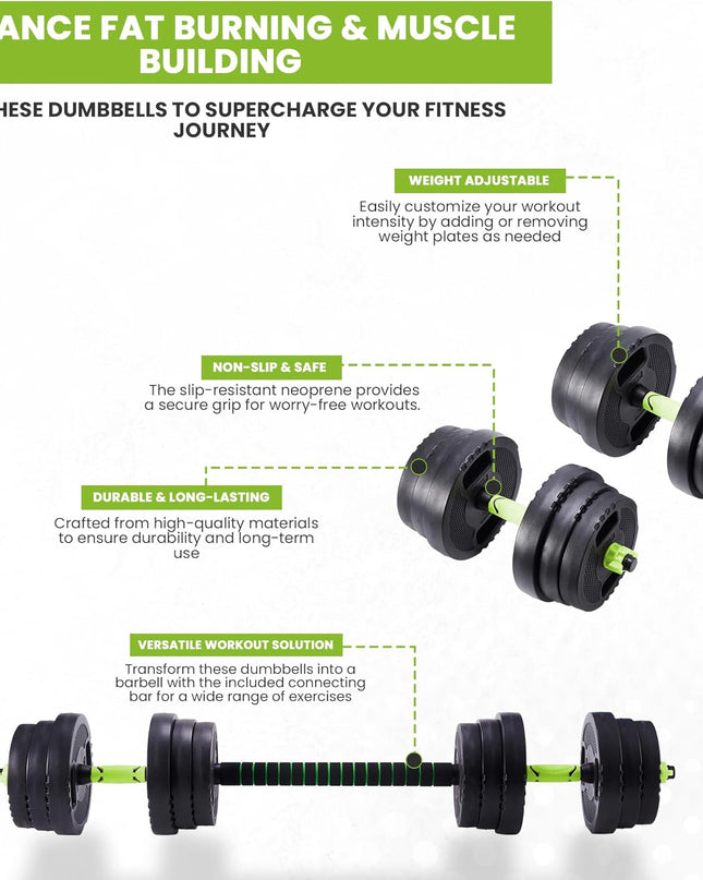 20KG Adjustable 3-In-1 Dumbbell & Barbell Set