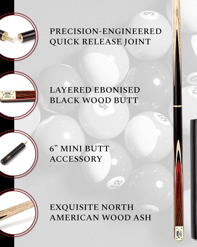 Grandmaster 3/4 Cut Snooker Cue with Extension & Hard Case – 57" 3-Piece Cue, 9.5mm Tip