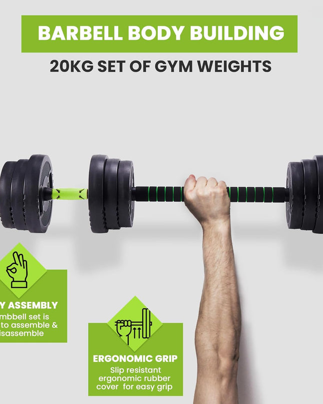 20KG Adjustable 3-In-1 Dumbbell & Barbell Set